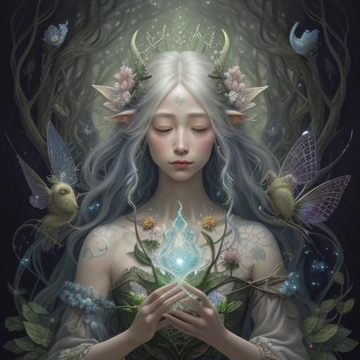 Mystical Faerie in Forest with Tattoo, Digital Painting