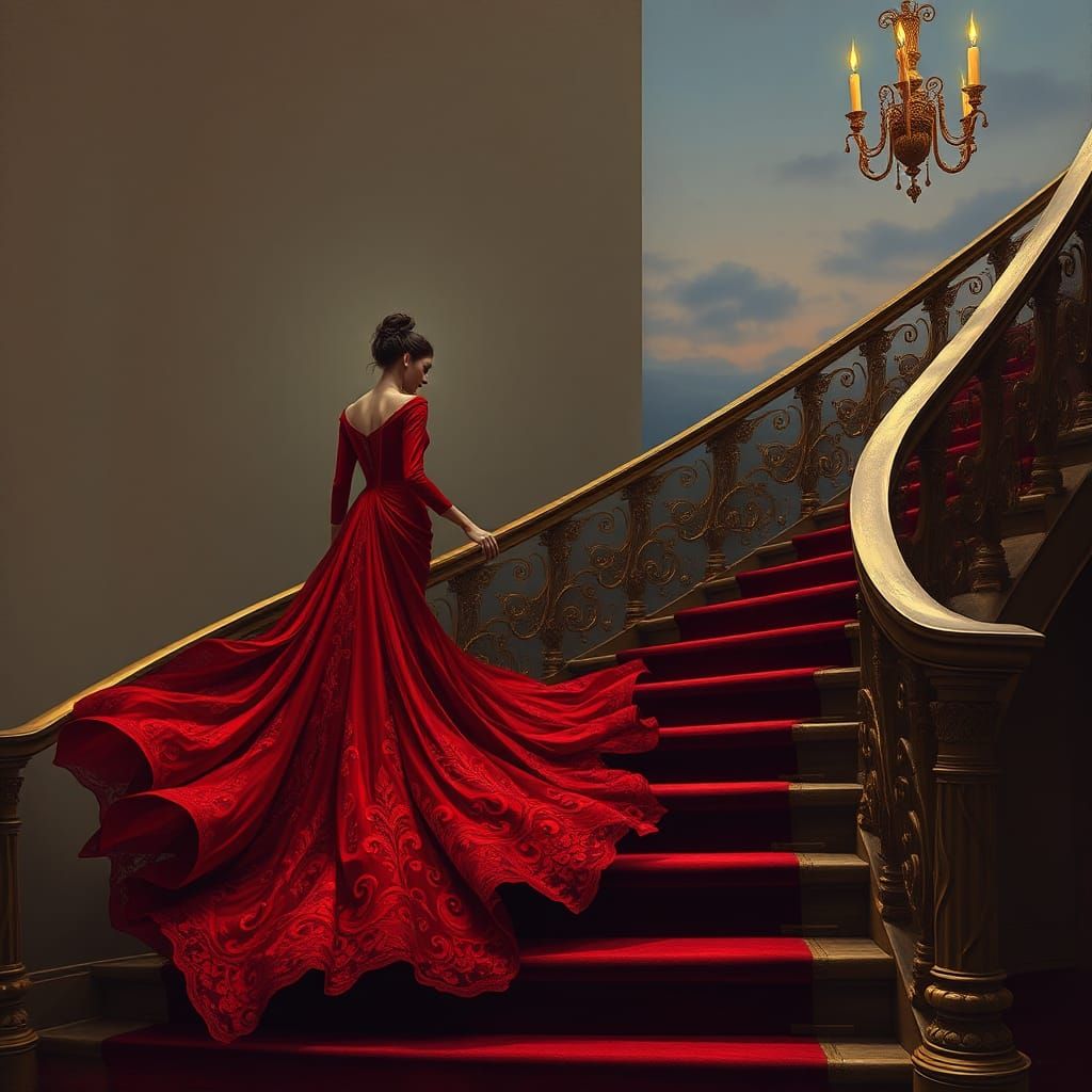 A woman descends a majestic staircase. A long evanescent red dress. oil painting by James Gurney abstract vector fractal...