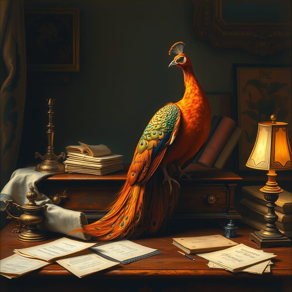 Orange Peacock Displays Plumage in Rococo Style
