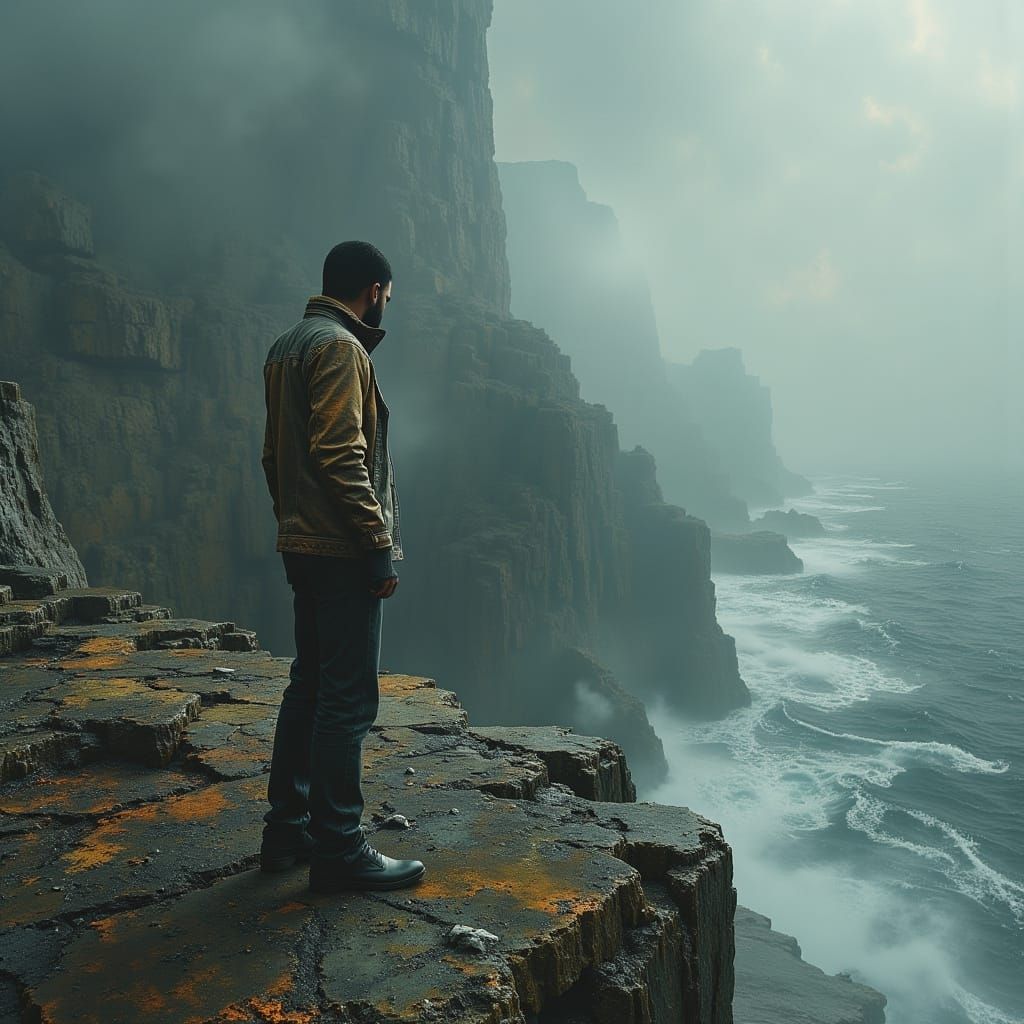 Man Overlooking Ocean as Dark Oil Painting