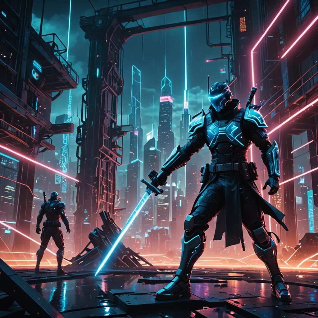 Cyberpunk Swordsman Battles Hologram Enemies in Neon City