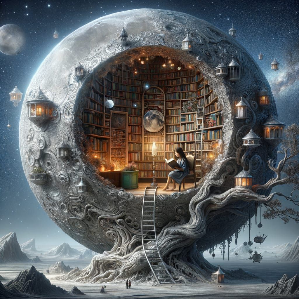 Silver Moonbookstore: A Dreamy Surreal Fantasy Scene