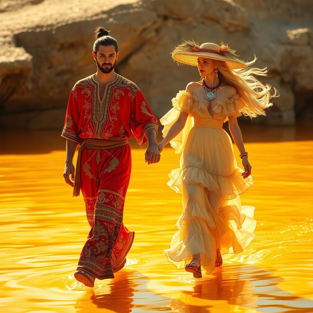 Couple Walking on Honey Sea, Whimsical Art