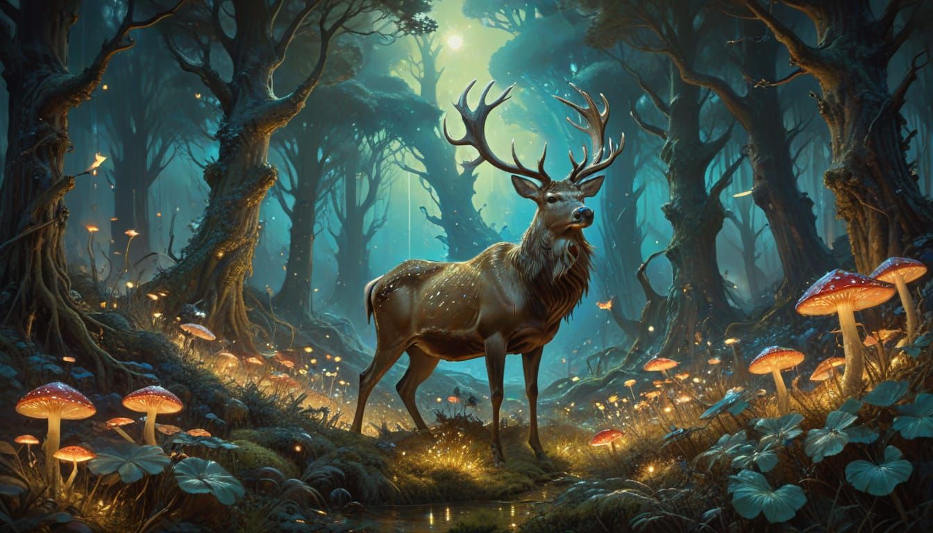Crystal Stag in Glowing Mushroom Forest: Surreal Digital Art