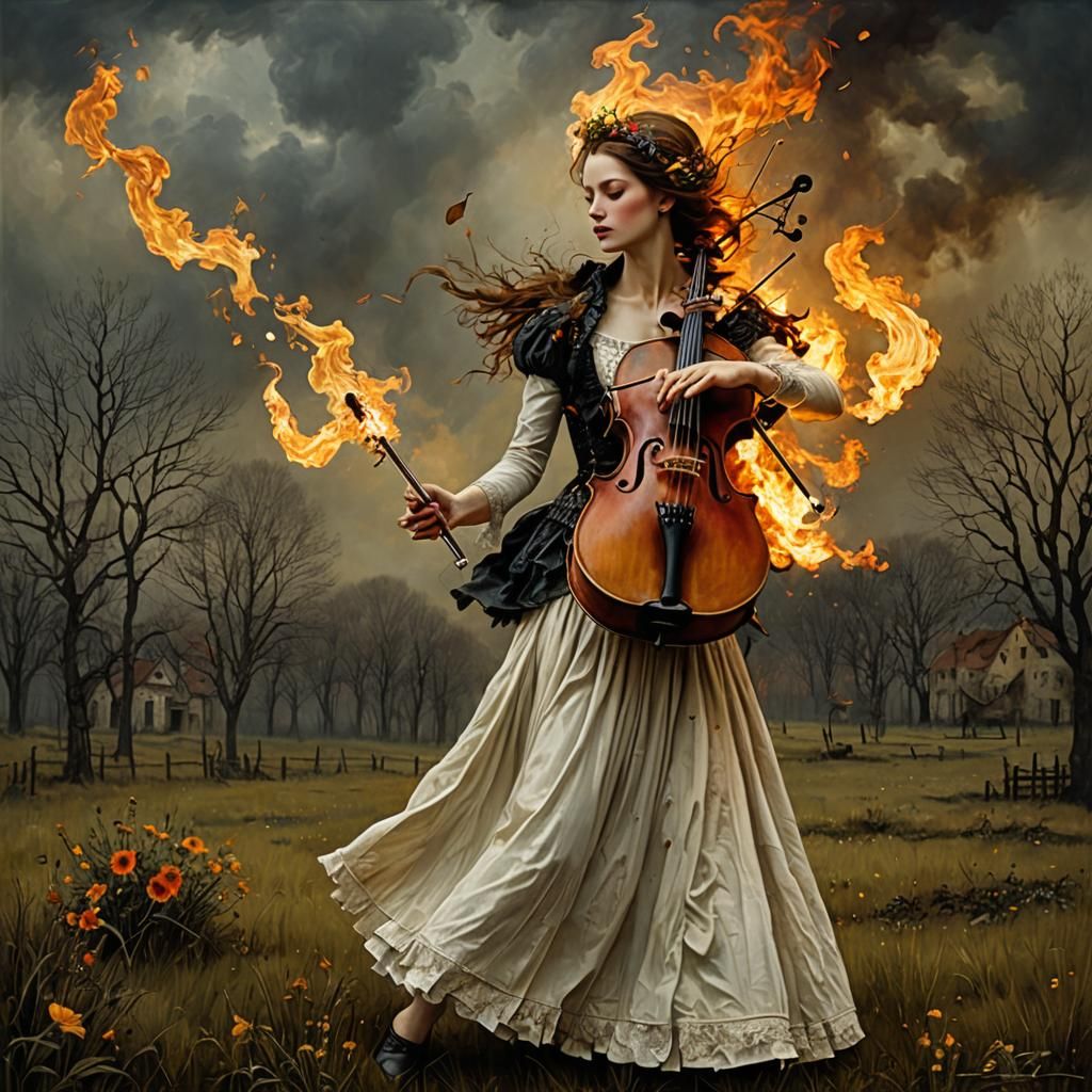 Burning Violin Performance: Digital Art Portrait