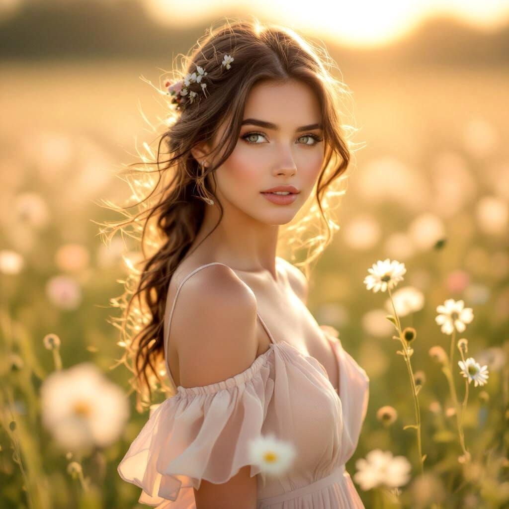 Girl in Flower Field During Golden Hour