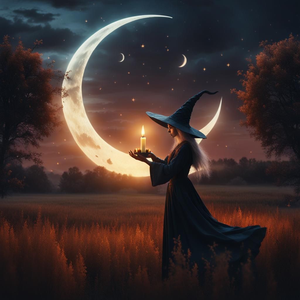 Witch's Candle Ritual Under Crescent Moon