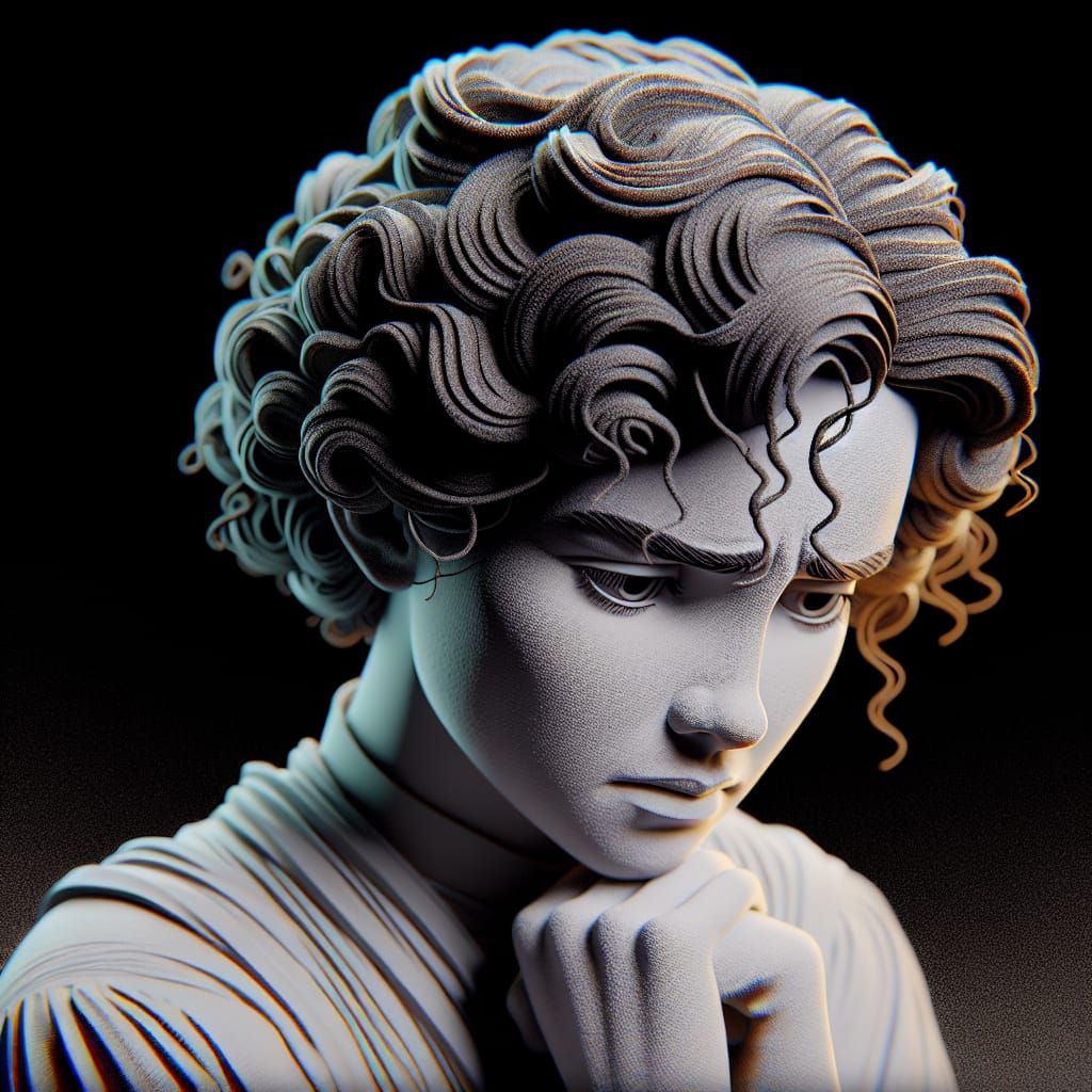 Disney Pixar style 3D beautiful woman, curly hair, head lowered, sad look on her face, arms crossed over her chest, tear...