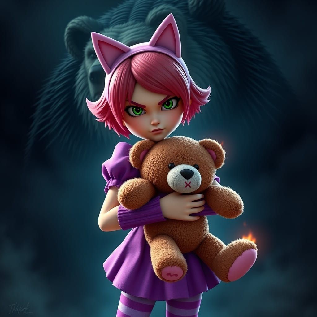 Angry Young Woman in Pink and Purple, Hugging a Teddy Bear,....