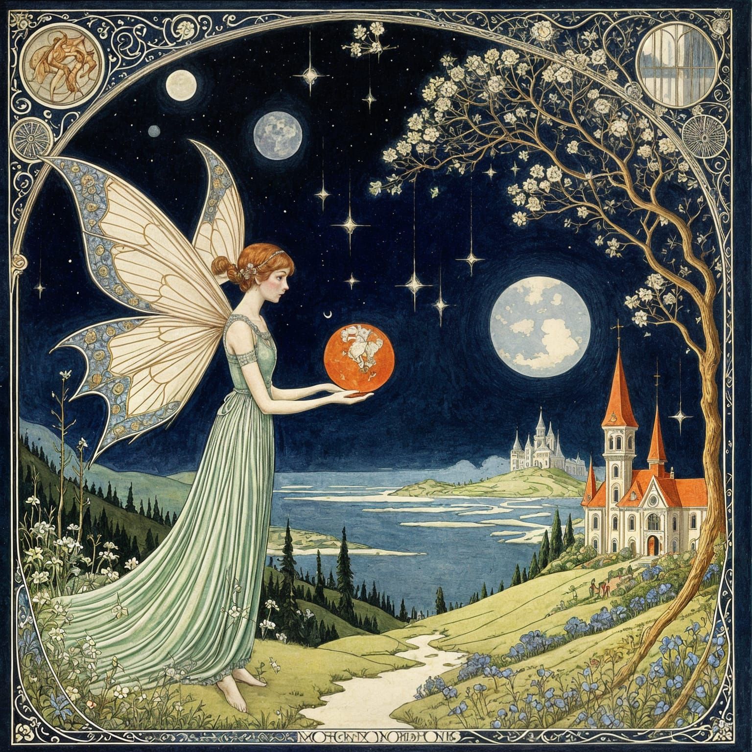 Vintage Fairy Tale Illustration in Art Deco Style