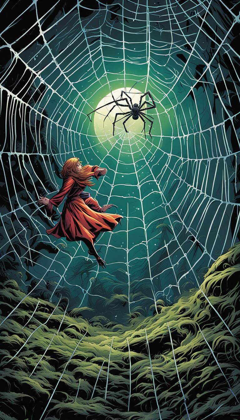 Frightened fairy trapped in a spider's web