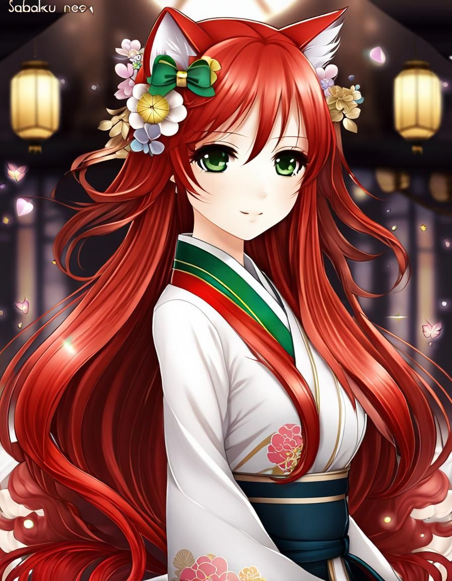 Chibi @Sabaku_Neko cute half-Japanese josei long red hair and green eyes