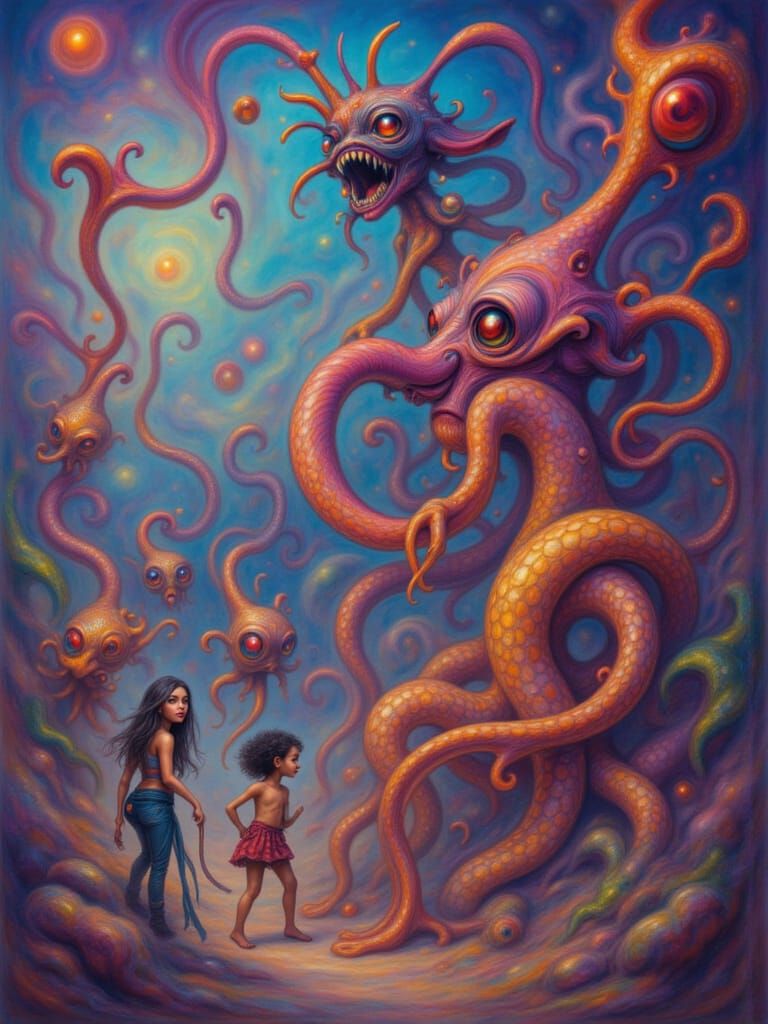 Whimsical Dreamscape with Children, Women, and Bizarre Creat...