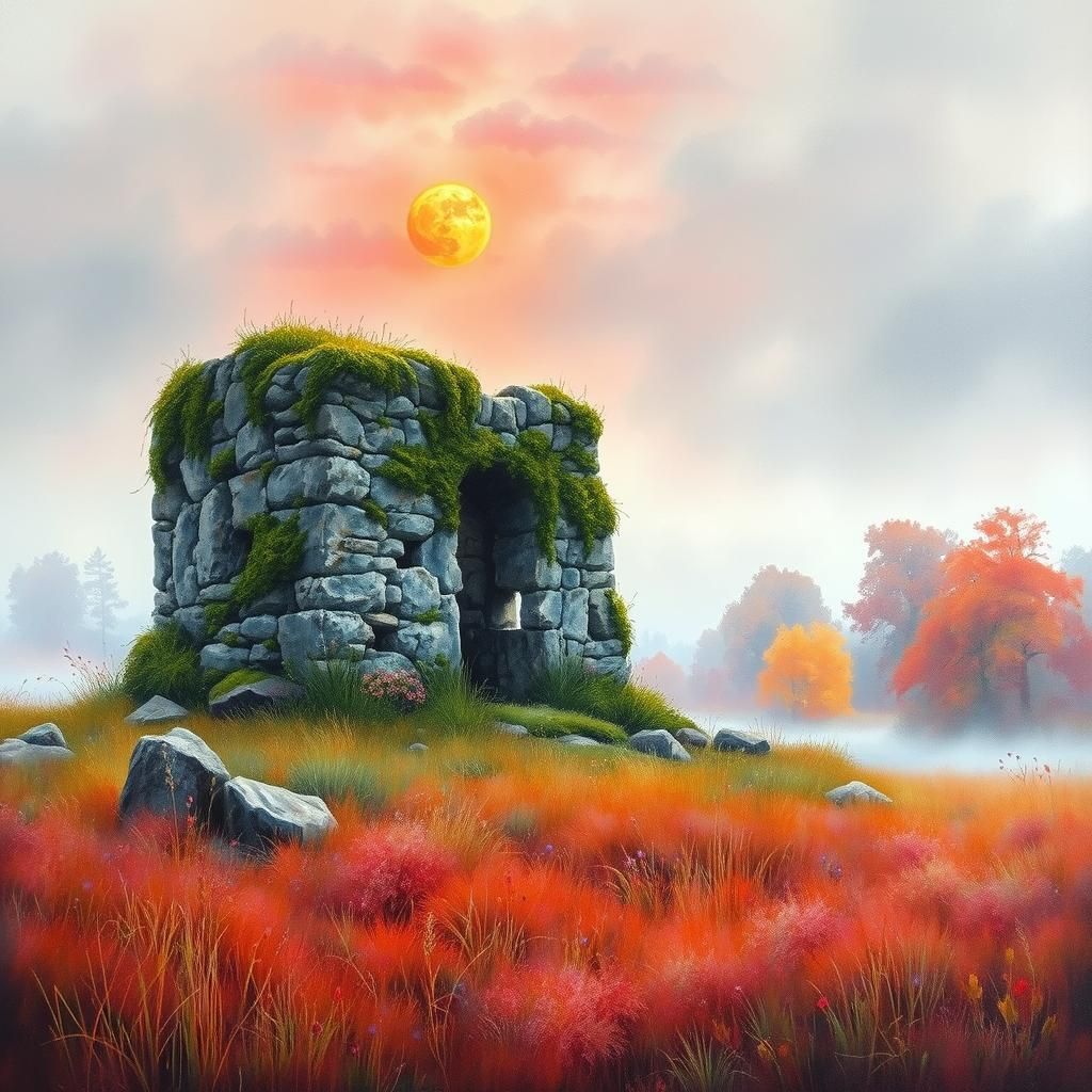 Misty Ancient Stone Structure: Watercolor Oil Painting