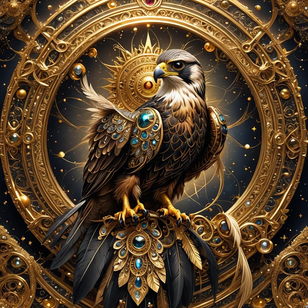 Golden Fractal Falcon in Ornate Fantasy Style
