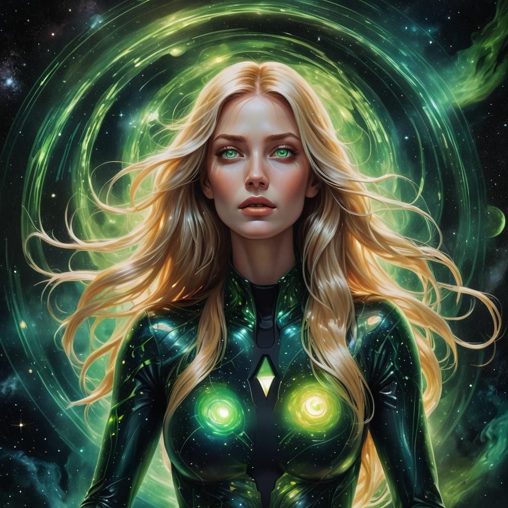 Cosmic Woman with Green Eyes and Black Hole
