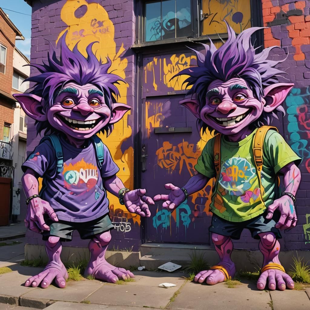Smiling Trolls in Vibrant Basquiat-esque Street Art