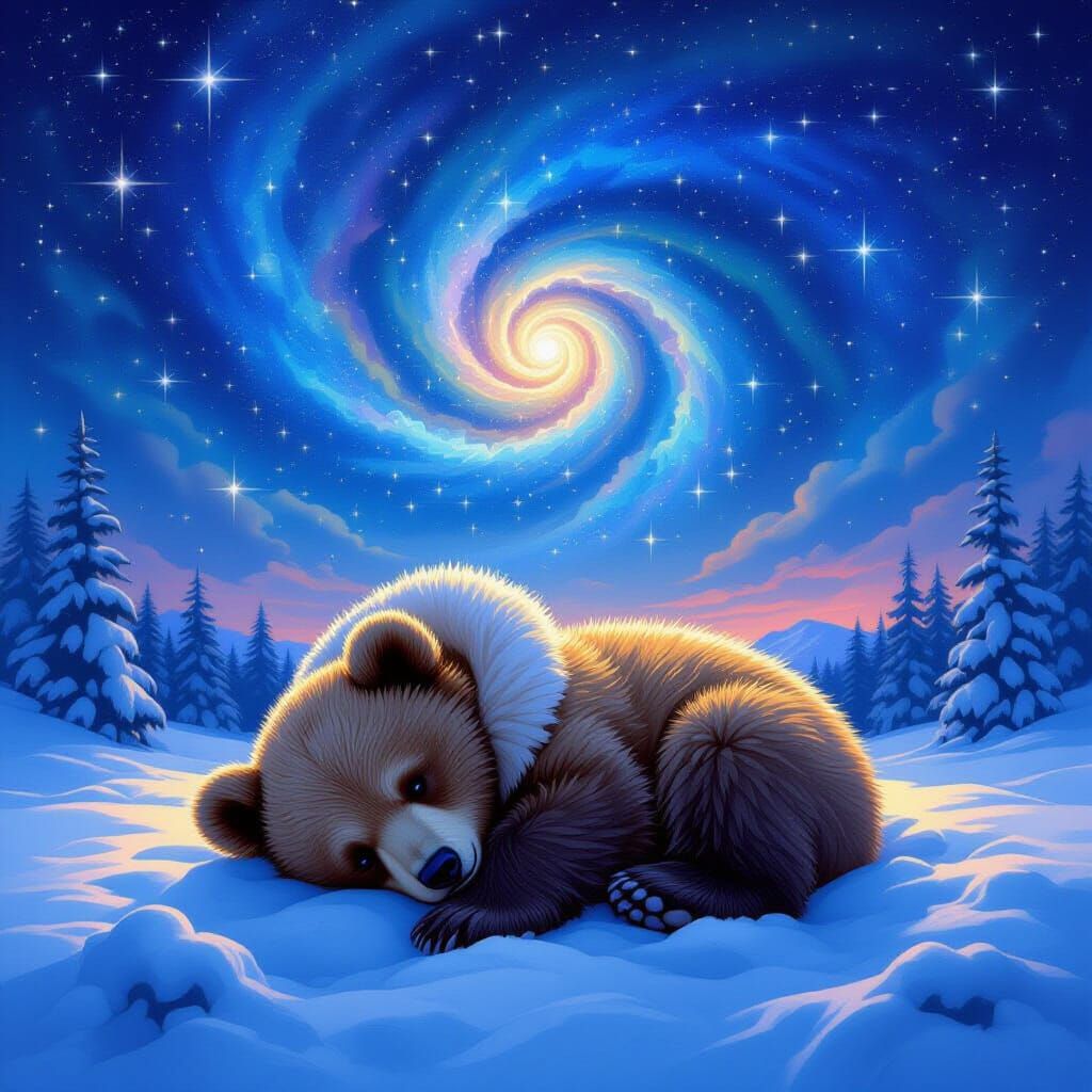Cosmic Baby Bear in Snowy Landscape