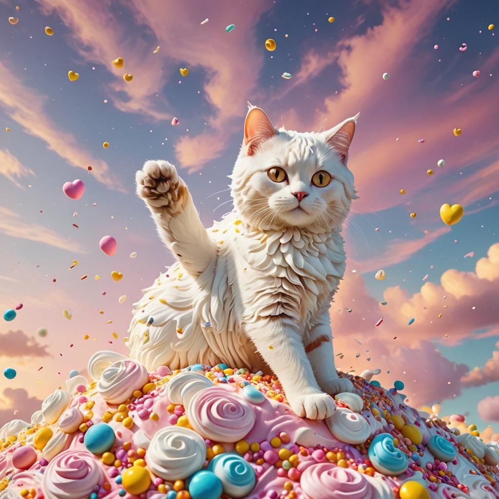 Delicate Whipped Cream Cat in Whimsical Fantasy Art