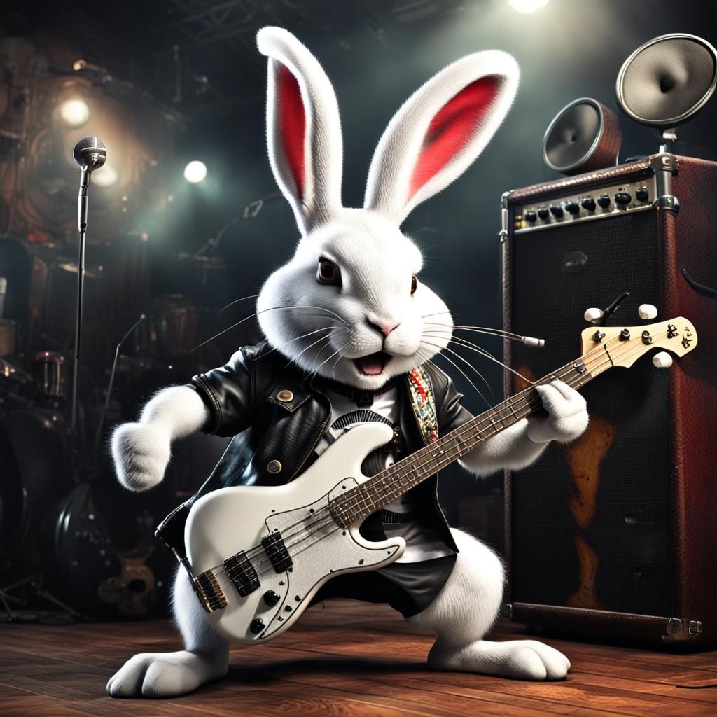 Punk Rocker Rabbit Playing Bass Guitar