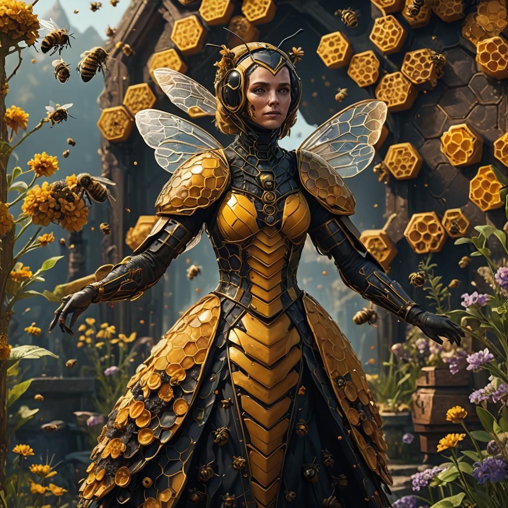 Bee Lady in Honeycomb Dress: Detailed Matte Painting