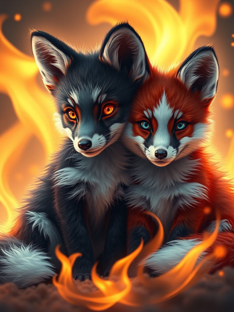 Fox Pups in Fluffy Flames, Detailed Matte Painting