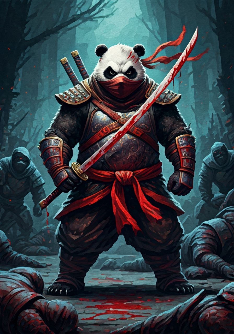 Panda Ninja Warrior in Expressive Gouache Style