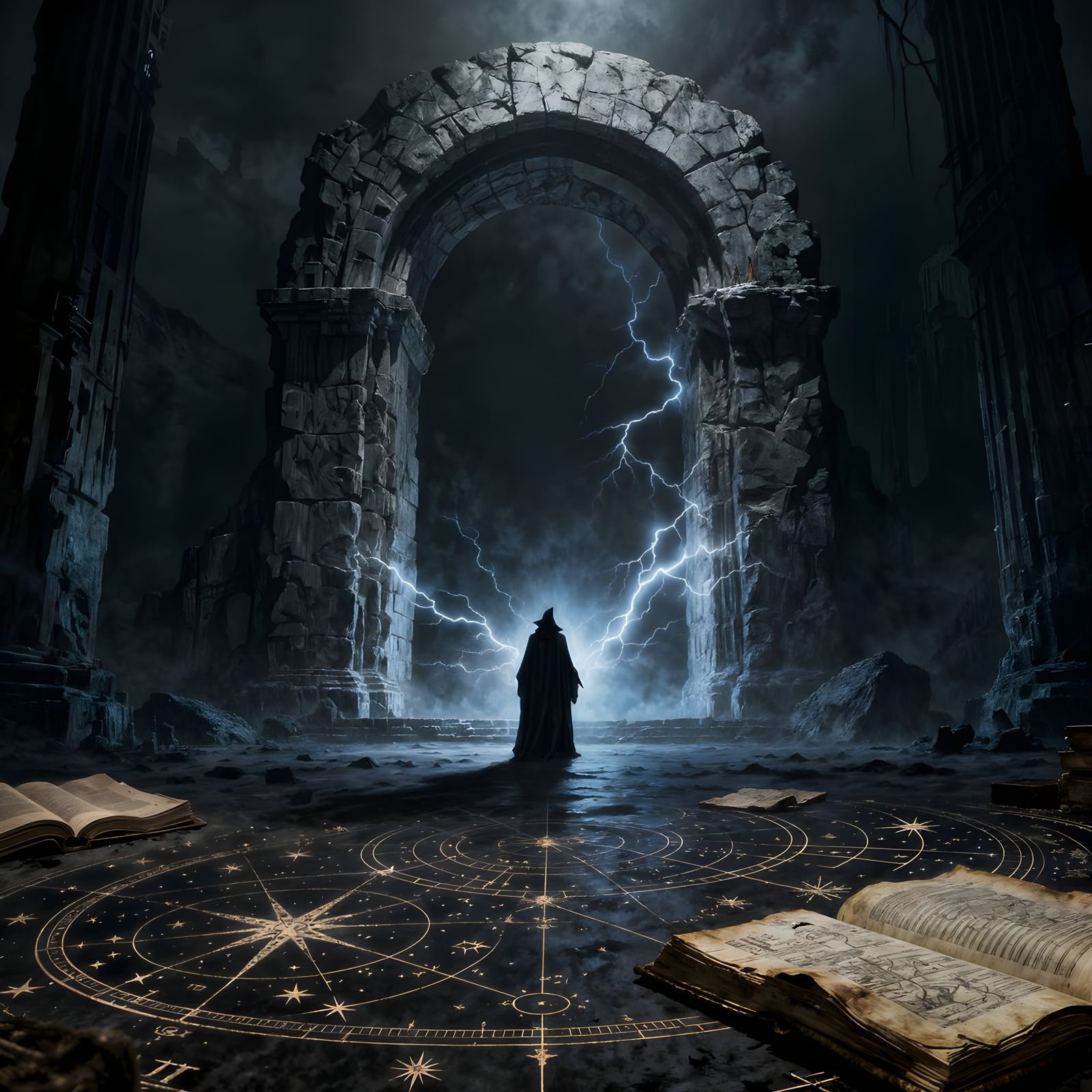 Wizard Opens Arcane Portal in Dark Fantasy Style