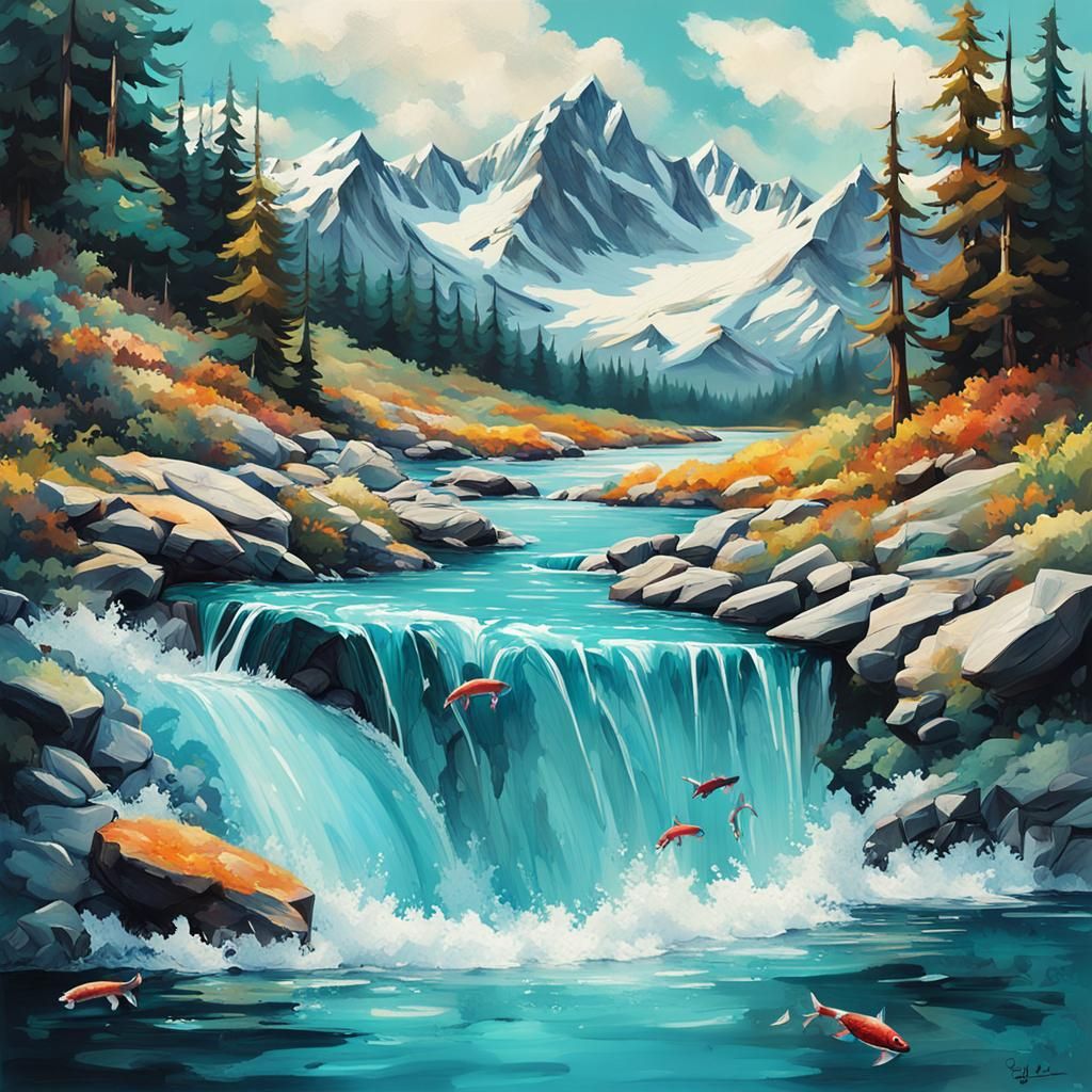 Glacial Lake with Leaping Trout: Vintage Splash Art