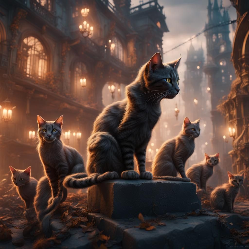 Fantastical Stray Cats in Detailed Matte Painting