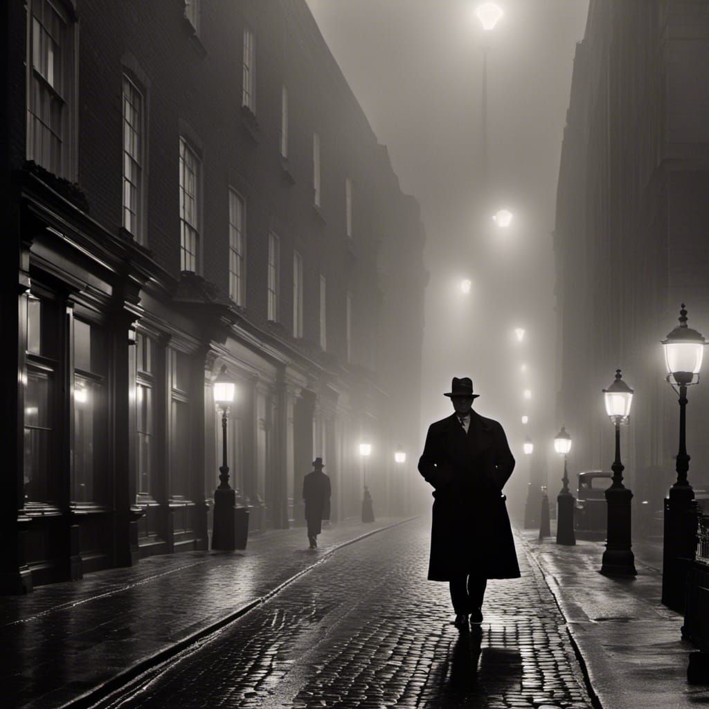 Noir Man in Foggy London Street, 1930s