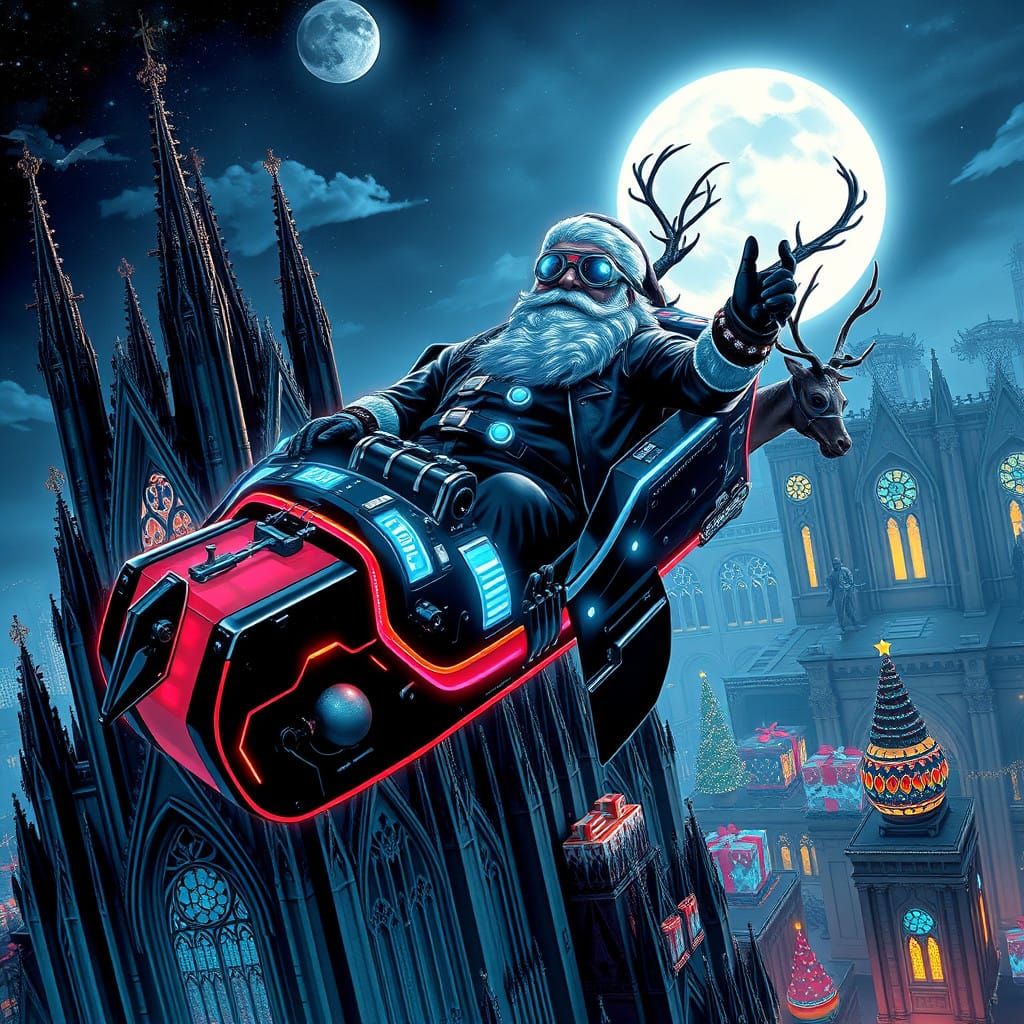 Cyberpunk Santa's Futuristic Flight Over a Gothic Cathedral
