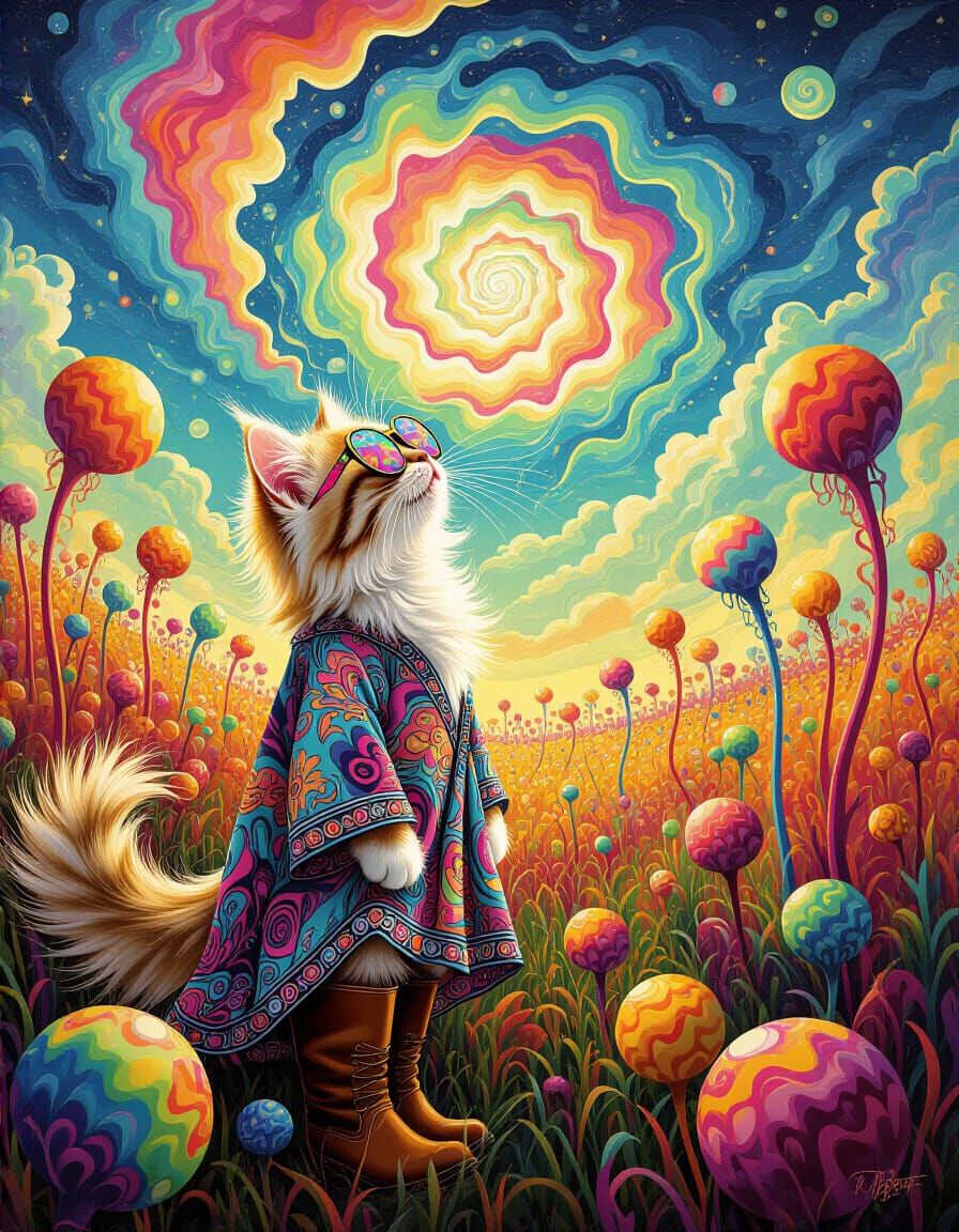 Psychedelic Kitten's Groovy Trip: 1960s Style Adventure