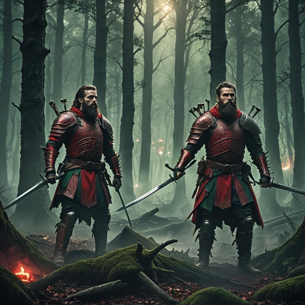 Armored Twins in Haunted Forest Digital Painting