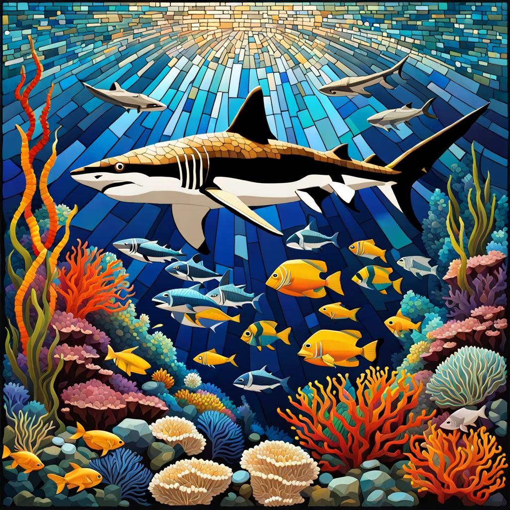 Cubist Mosaic: Graceful Shark in Seascape