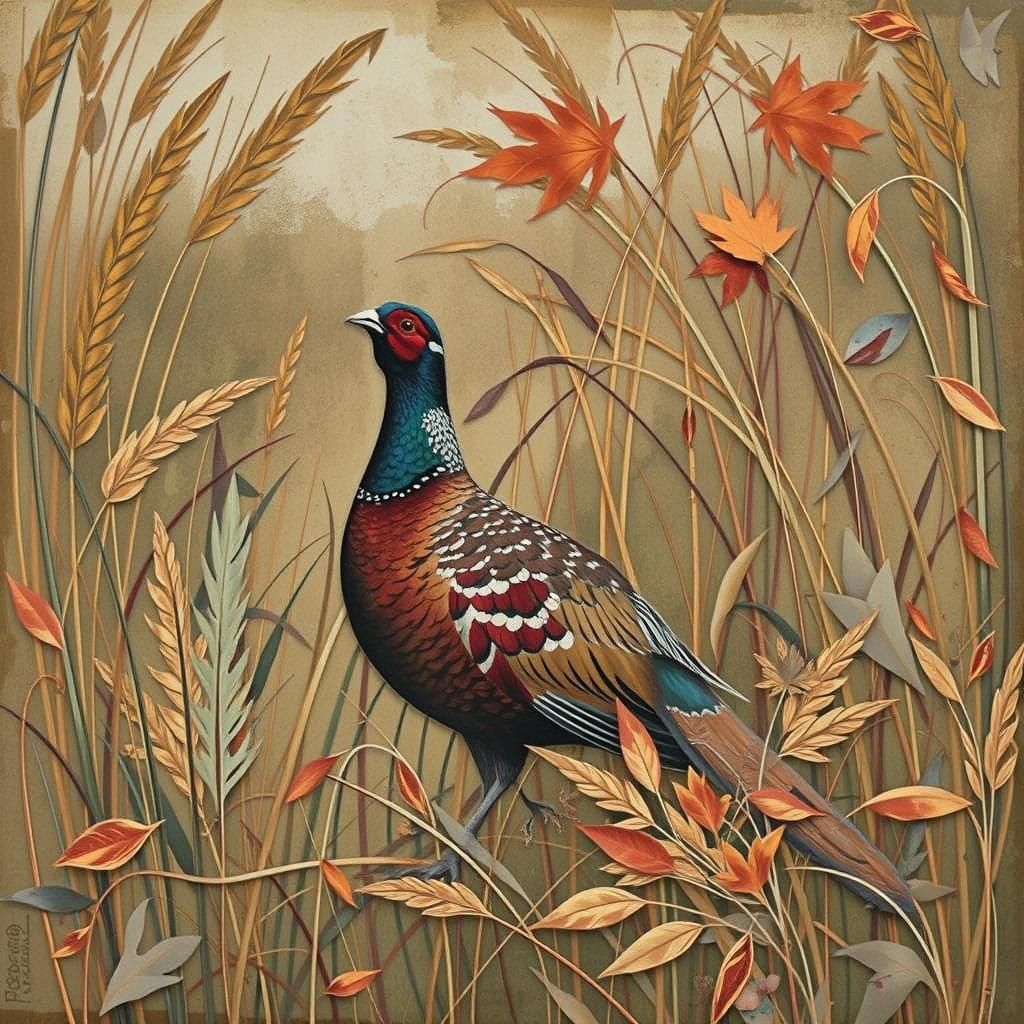 Pheasant in Autumn Paper Collage Watercolor Style