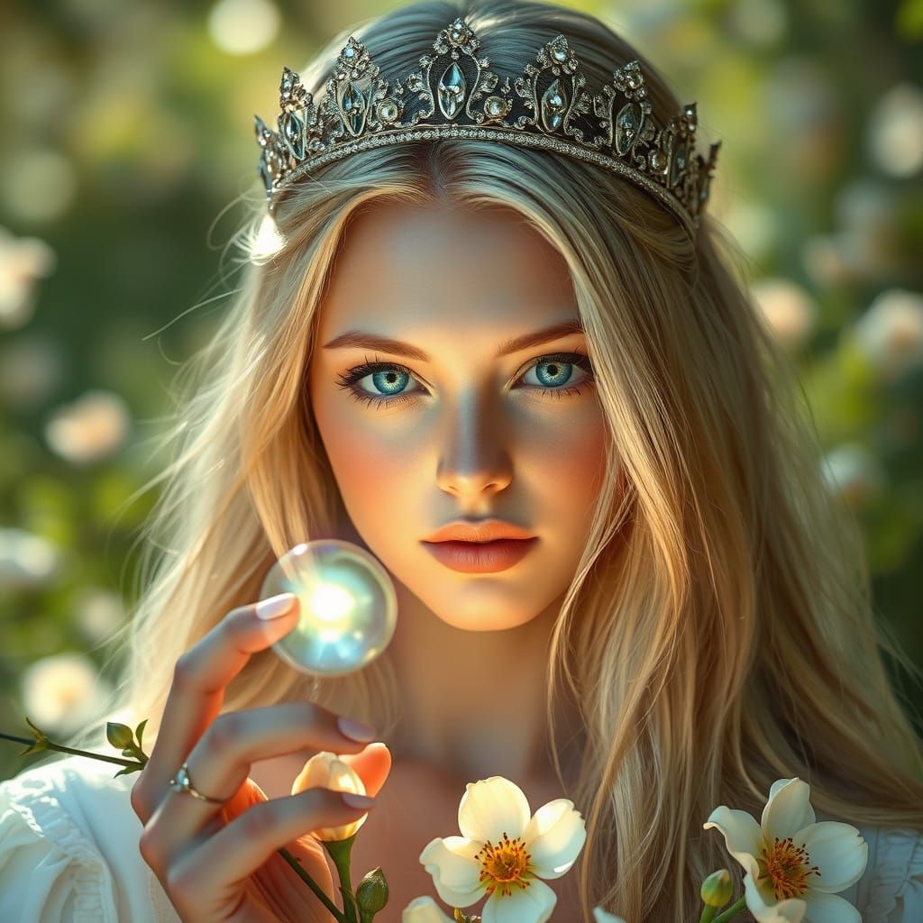 Blonde Sorceress of Light with Flowing Hair and White Wings