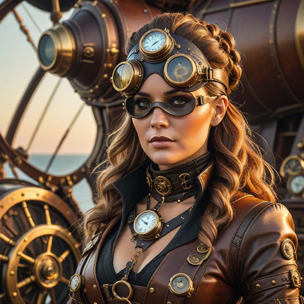 Steampunk Space Pirate Amidst Brass Accents and Golden Light