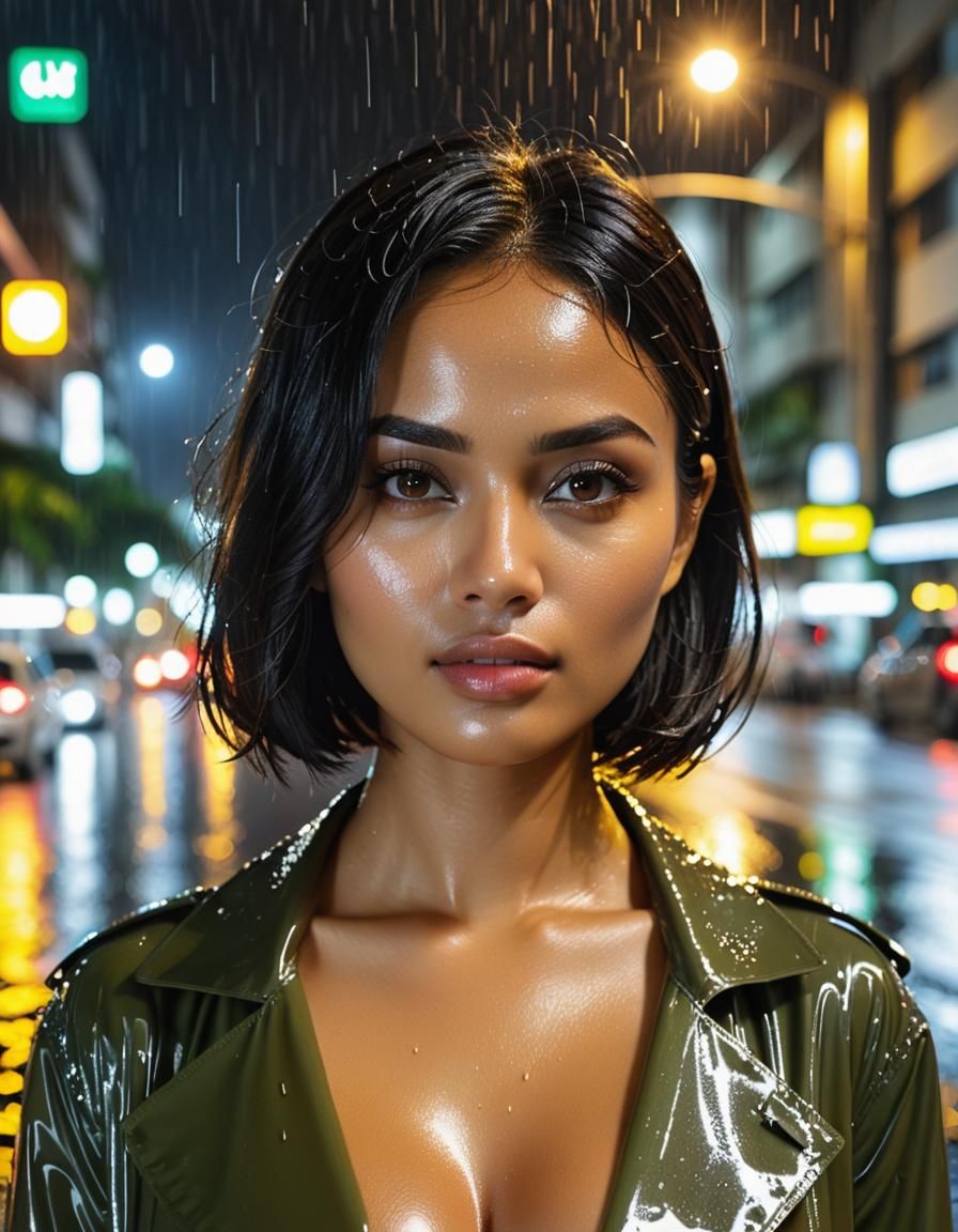 Tropical Night City Scene with Young Indonesian Woman
