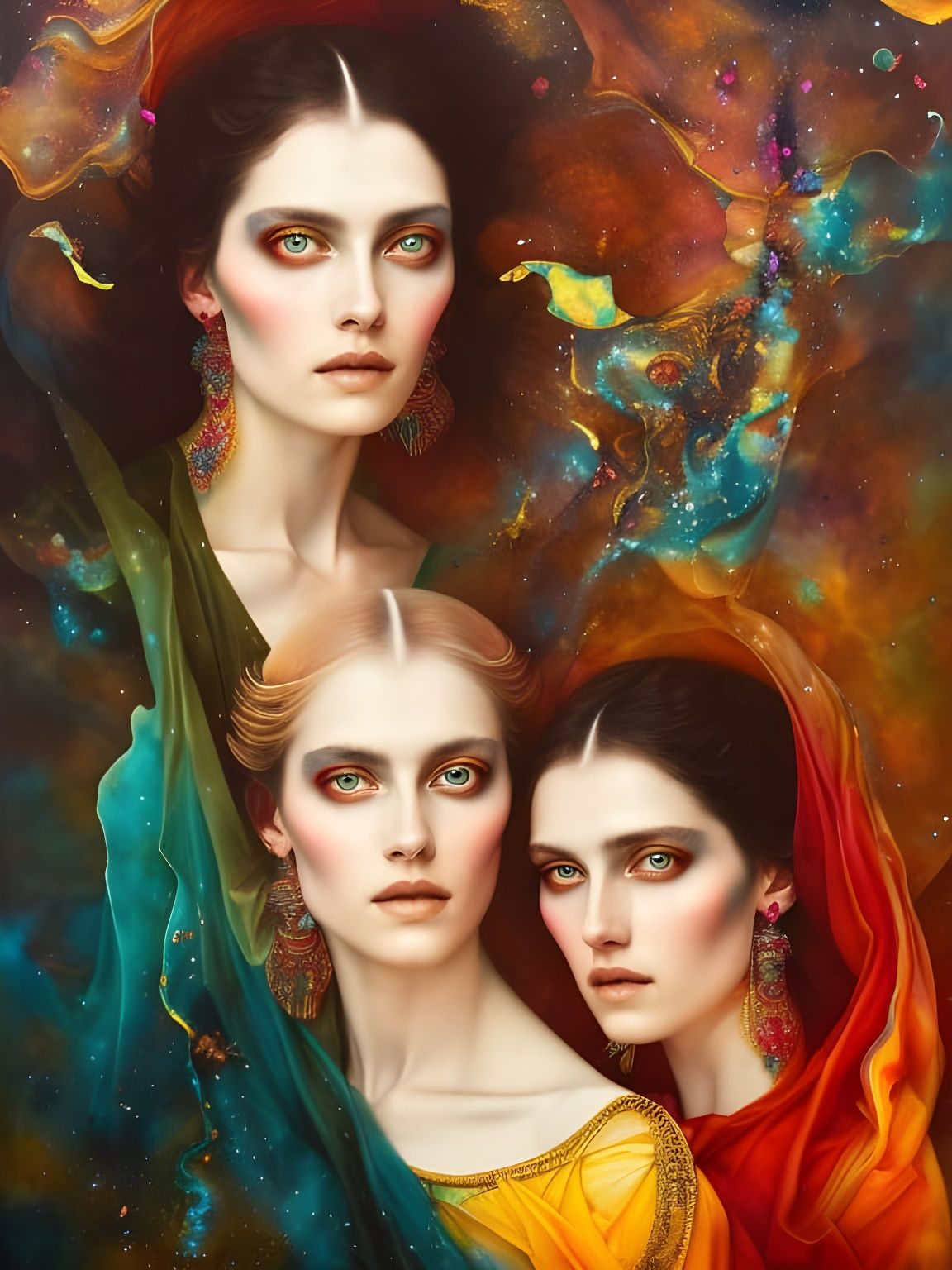 Twin Goddesses Portrait in Polychromatic Impasto Style