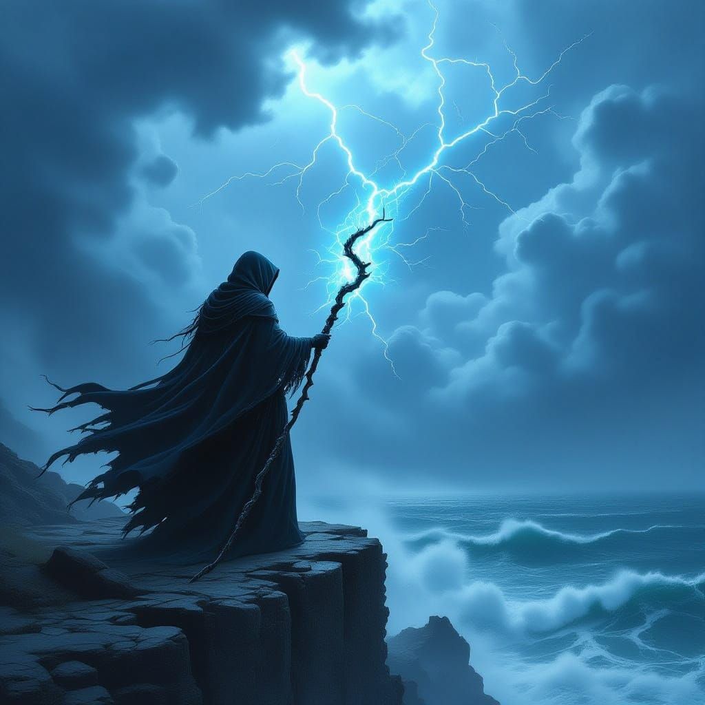 Witch on Cliff Overlooking Stormy Sea with Arcane Energy