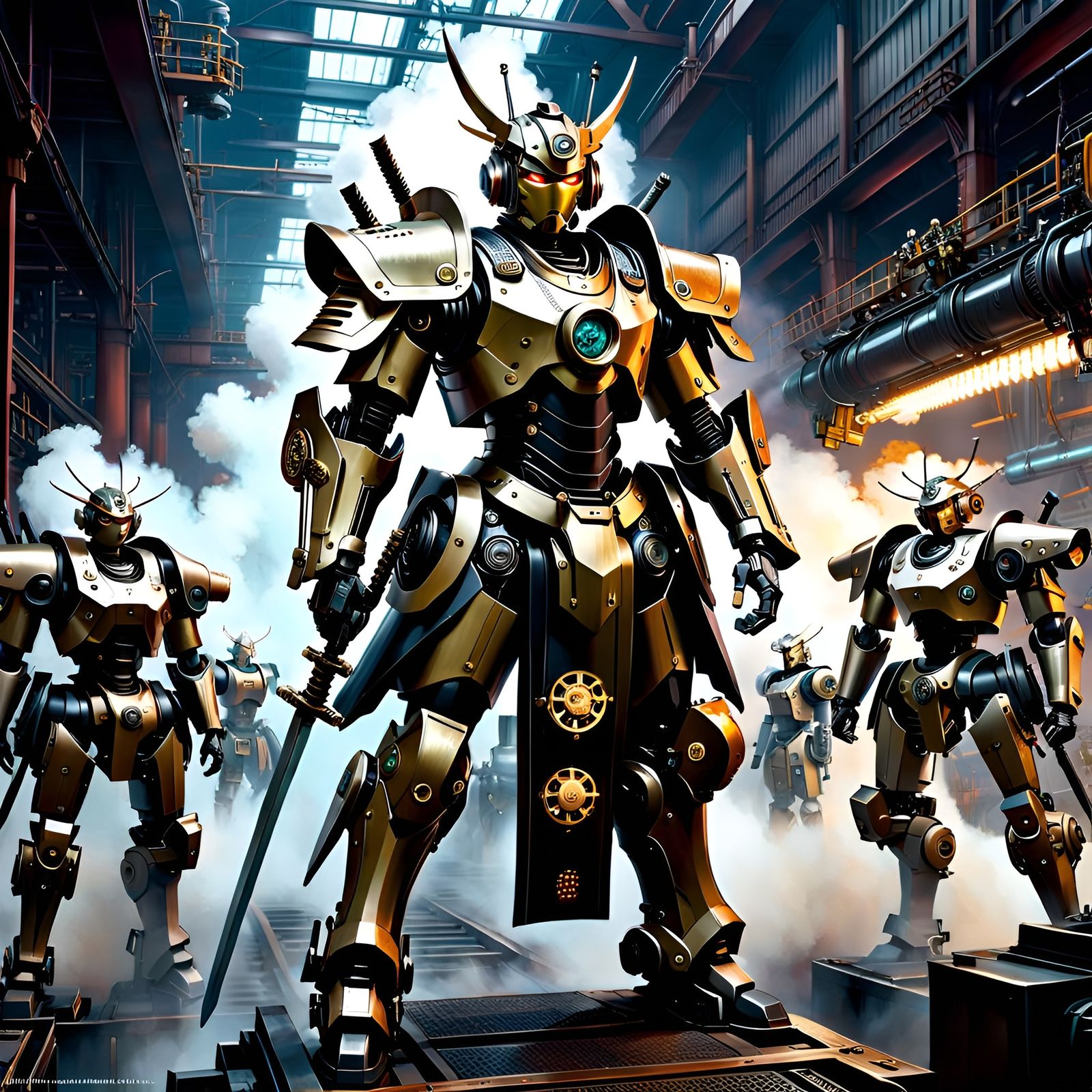 Cyberpunk Samurai Warrior in Steampunk Factory