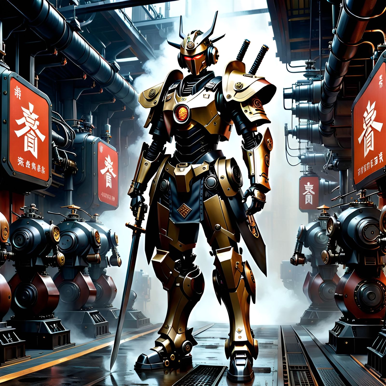 Cyberpunk Samurai Warrior in Steampunk Factory