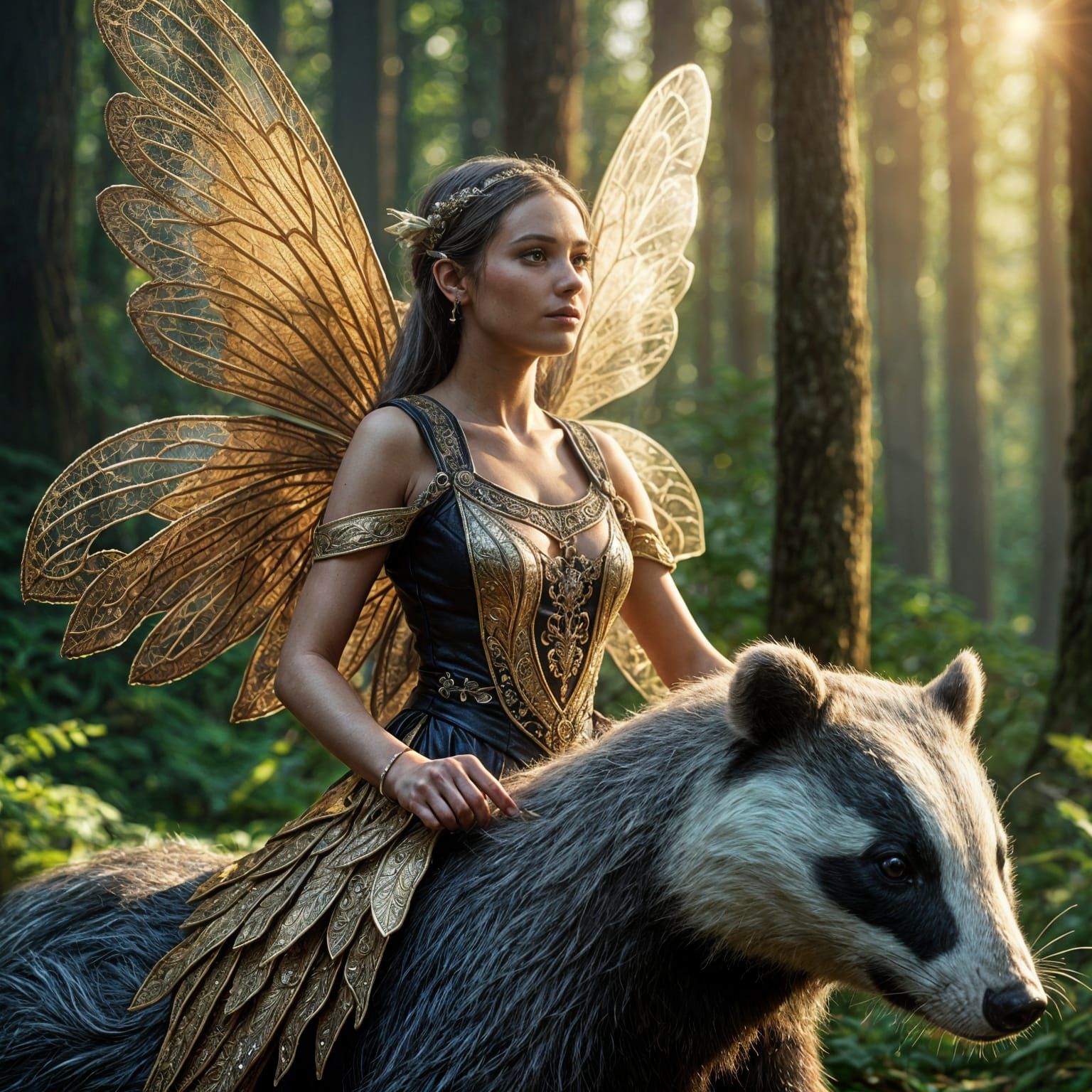 Fairy Woman Rides Badger in Photorealistic Style