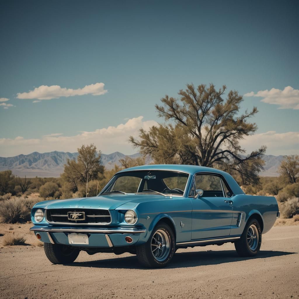 Blue 1964 Ford Mustang Cinematic Film Still