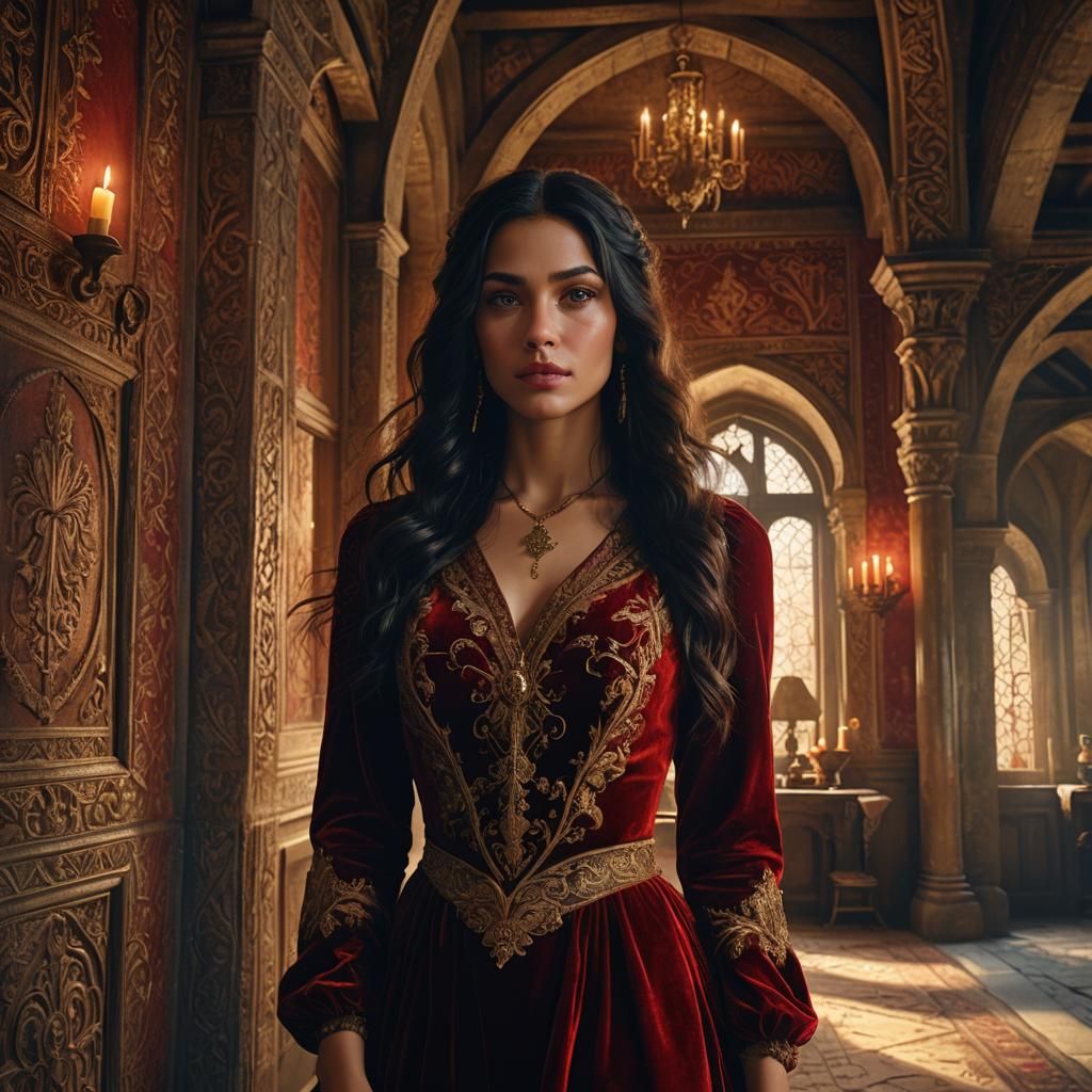 Medieval Woman in Red Velvet Dress: Fantasy Art
