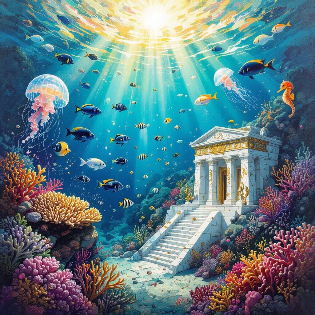 Underwater Coral Reef with Fish in Acrylic Style