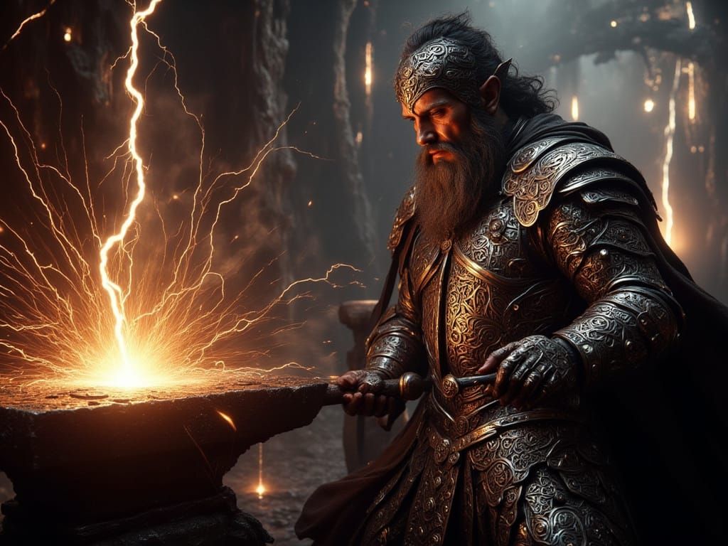 Celtic Blacksmith Forges Glowing Armor in Lightning Storm