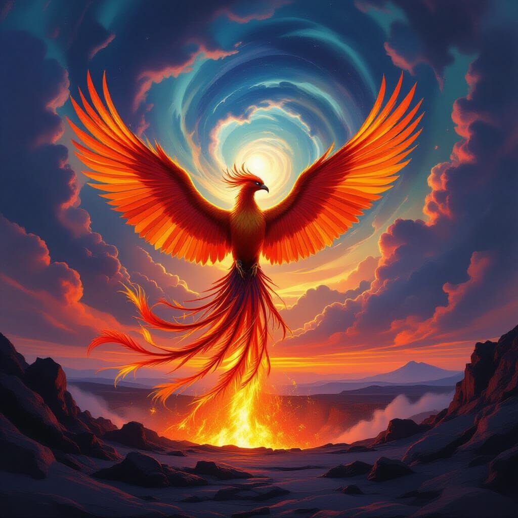 Majestic Phoenix Erupts from Volcano in Sunset Colors