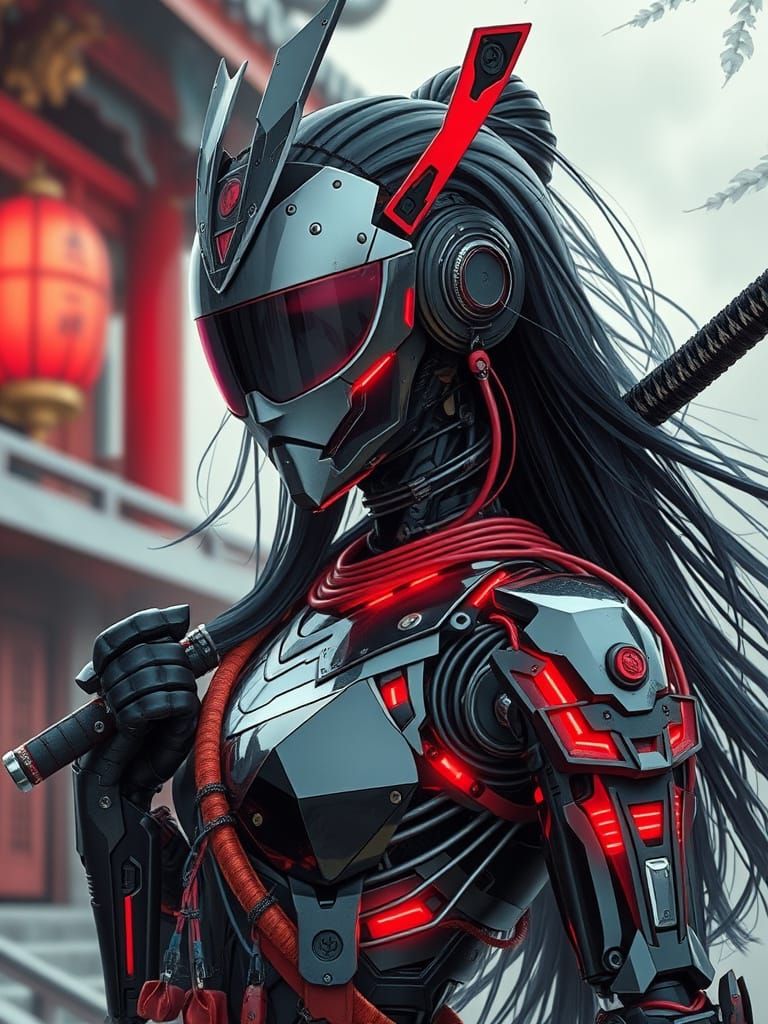 Cyberpunk Robot Samurai Warrior in Hyperdetailed Armor